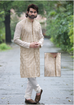 Cream with White Color Silk Fabric Kurta Set